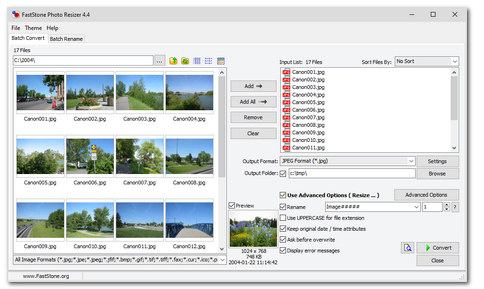 FastStone Photo Resizer interface showing batch image conversion options