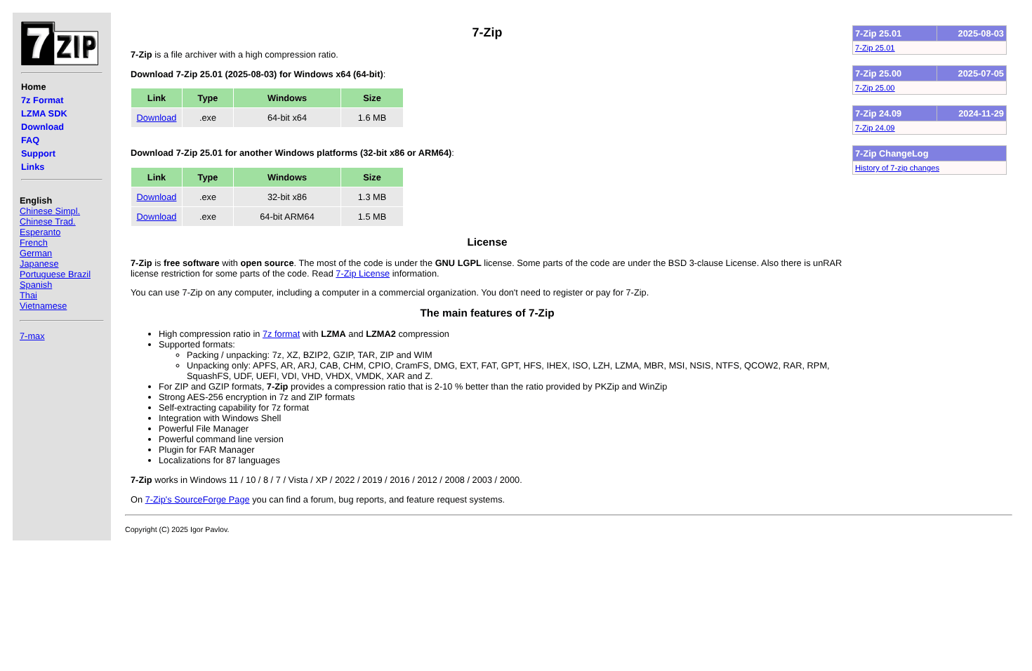 7-Zip official website with download links