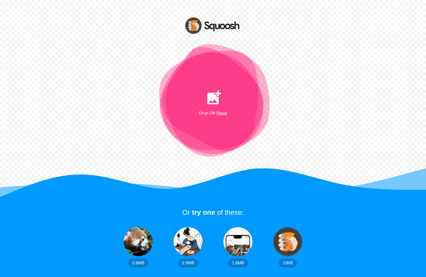 Squoosh.app interface showing the drag and drop upload zone