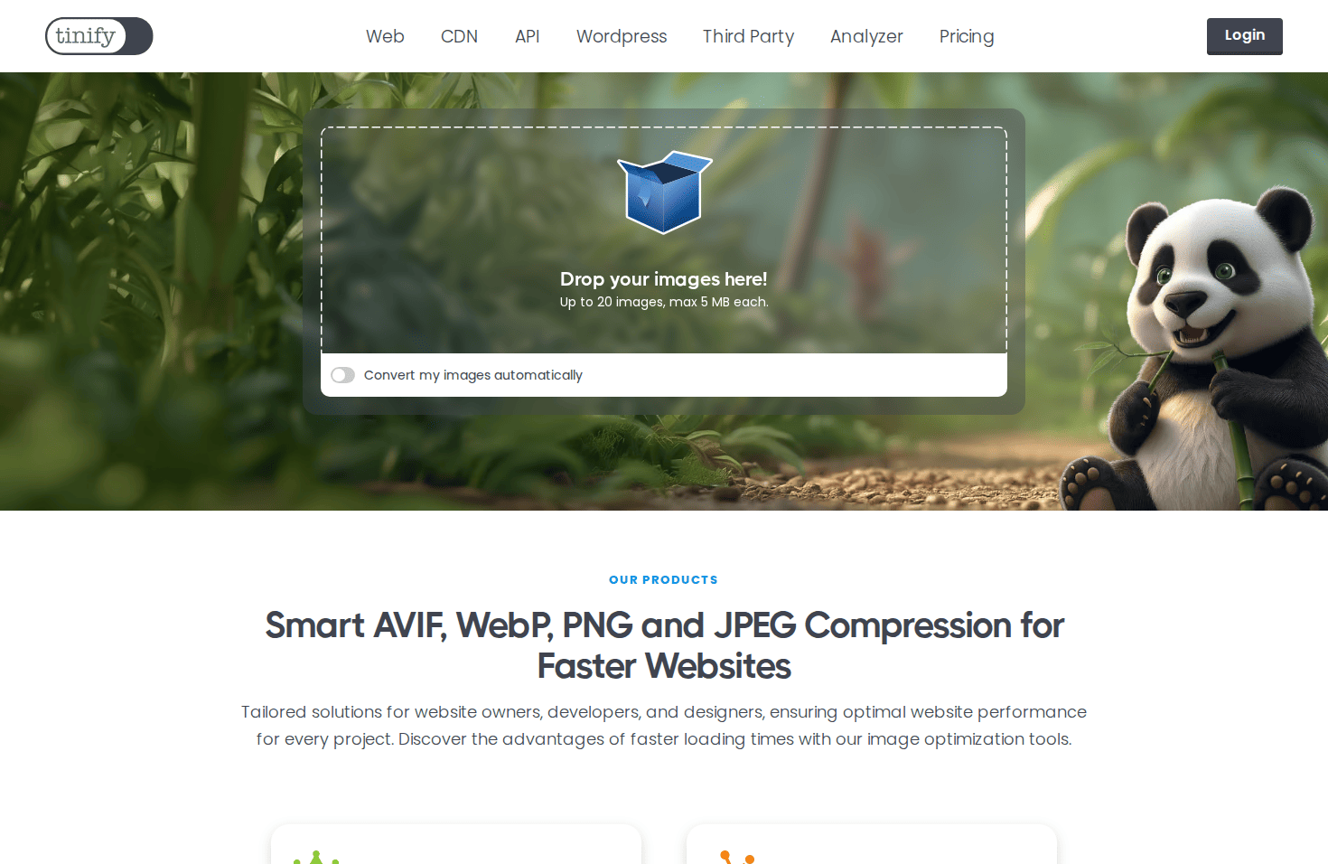 TinyPNG homepage with panda mascot and file upload zone