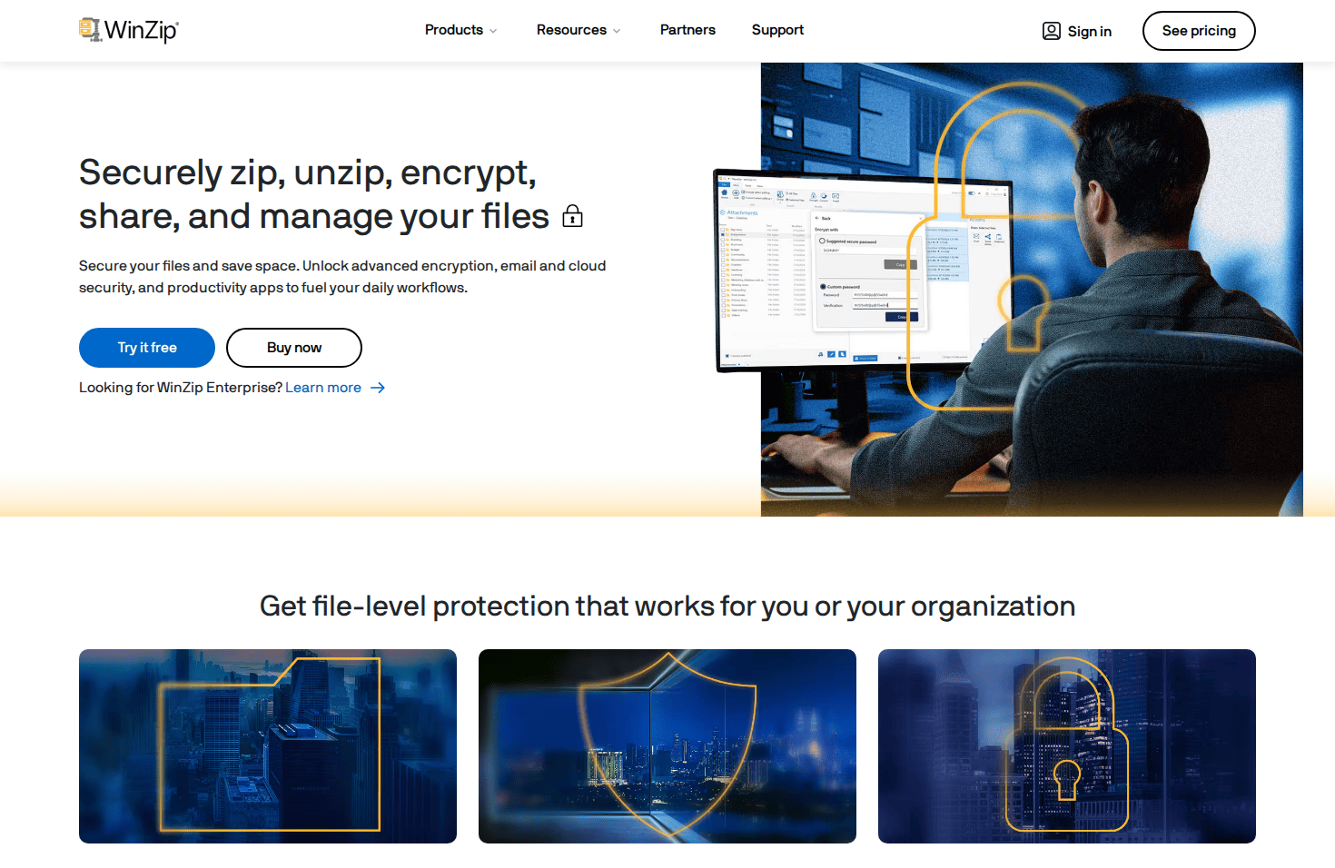WinZip official website showing features and pricing