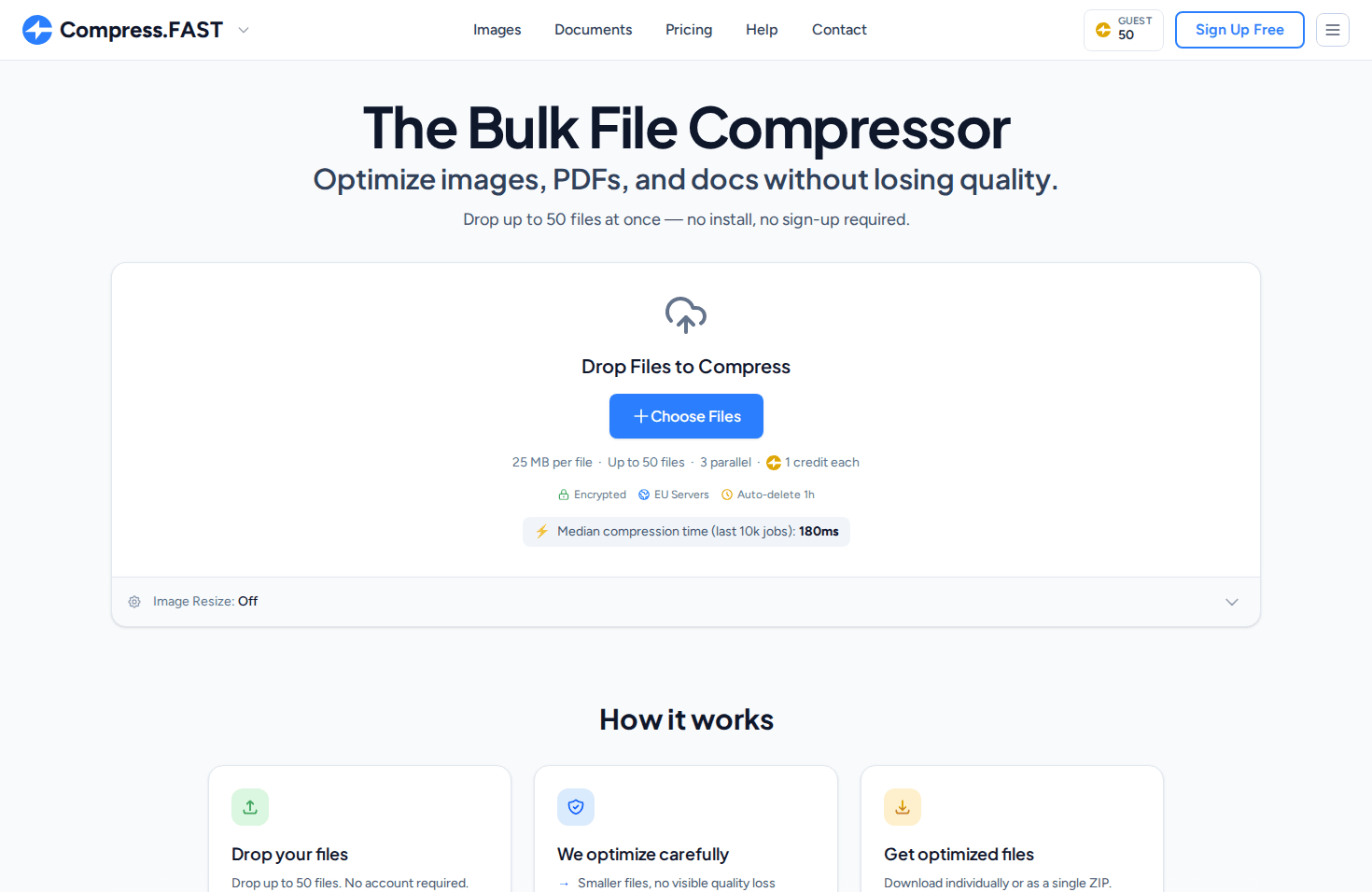 Compress.FAST homepage showing the file upload interface with drag and drop zone