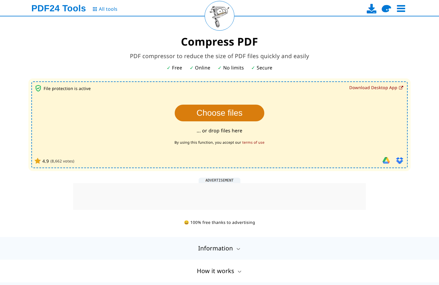 PDF24 Tools interface with compression options