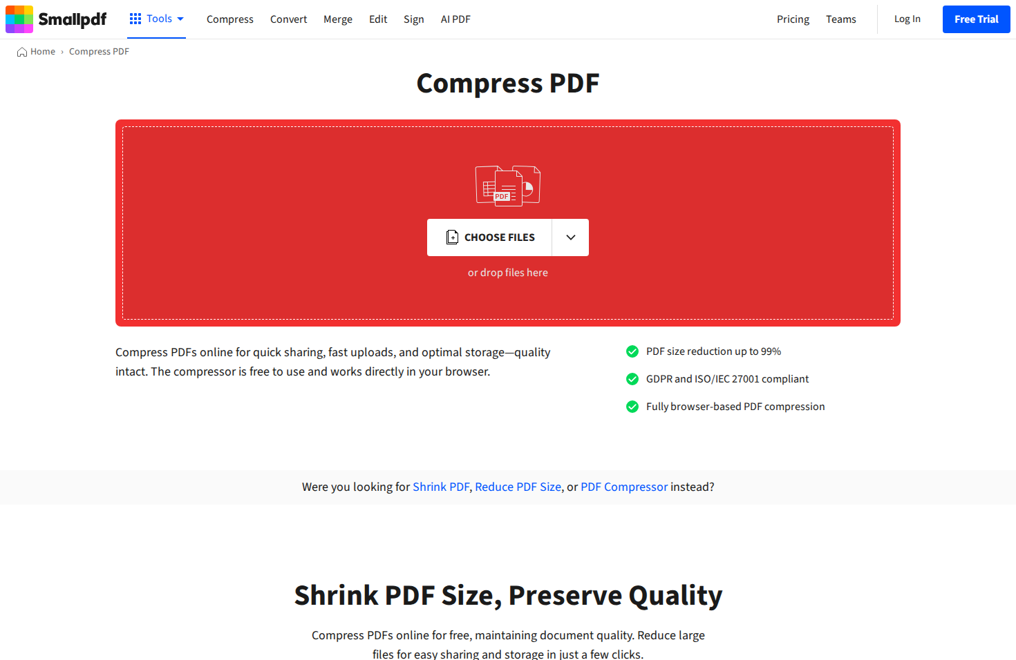 Smallpdf PDF compression tool interface