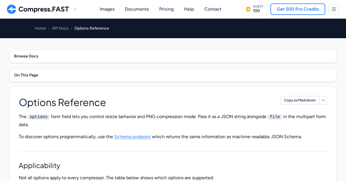 Options Reference | Compress.Fast API