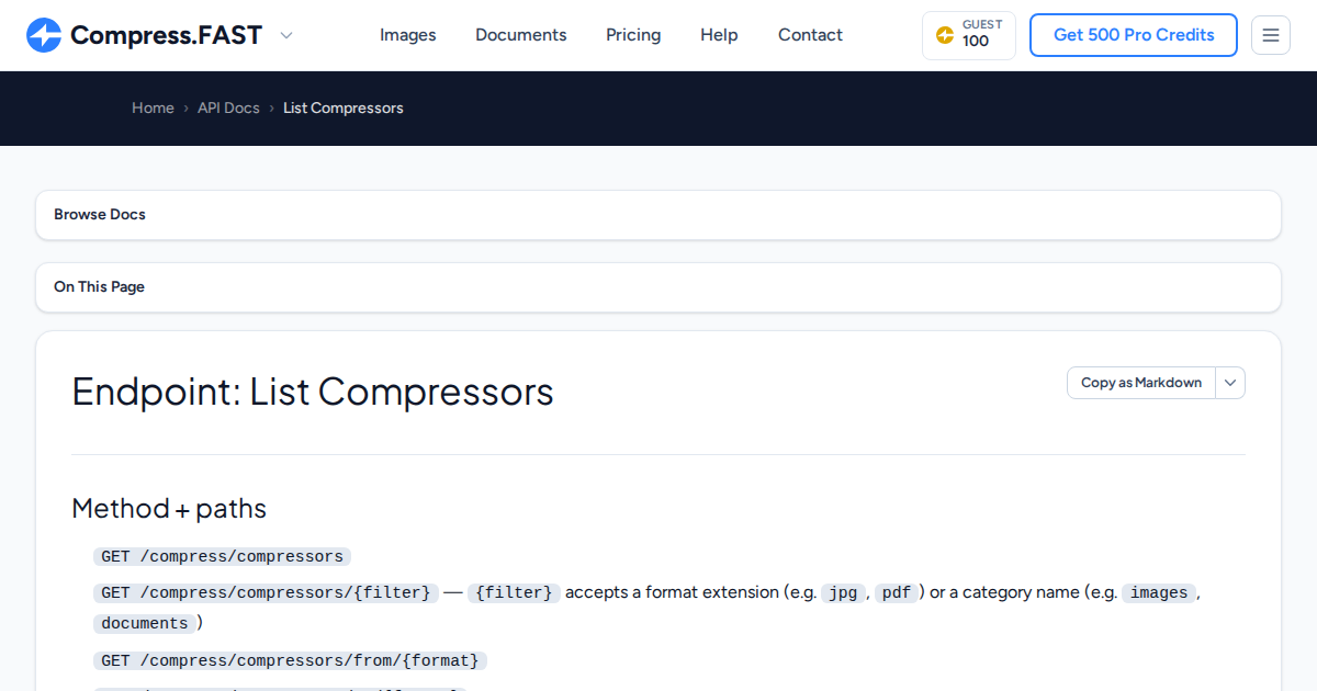 Compressions Api List Compressors | Compress.Fast API